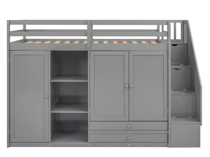 Loft Bed With 3 Shelves, 2 Wardrobes, 2 Drawers, Ladder Storage