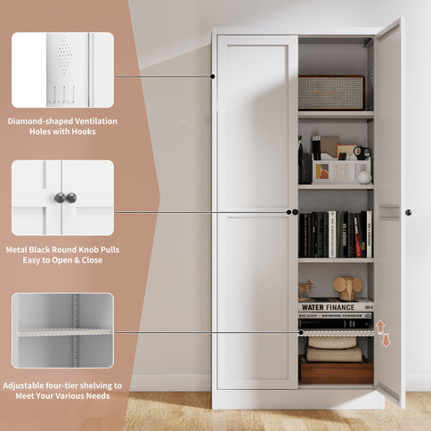 Metal Kitchen Pantry Cabinet With Adjustable Storage And 4 Heavy Duty Shelves - White