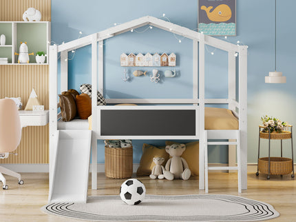 Loft House Bed With Ladder And Slide, With board And Light Strip On The Roof