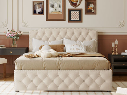 Upholstered Platform Bed With Trundle And 2 Sets Of USB Ports On Each Side, Fabric