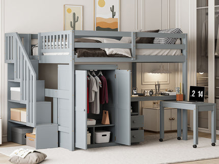 Loft Bed With Stairs, Bookshelf, Drawers, Desk & Wardrobe, Space Saving Multifunctional Furniture