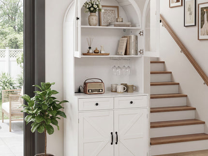 Tall Arched Pantry Cabinet With Charging Station, Adjustable Shelves, Coffee Bar