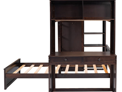 Loft Bed With A Stand Alone Bed, Shelves, Desk, And Wardrobe