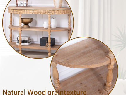 Handcrafted Console Table With Hand Woven Trim, 3 Tier Storage Shelves - Natural