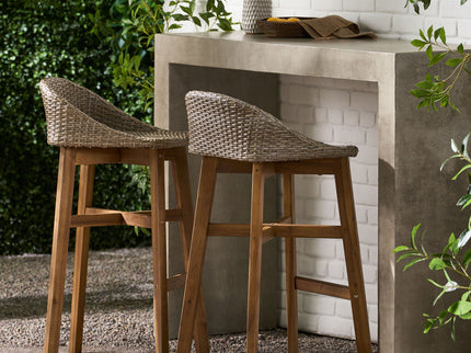 Beeson - Outdoor Wicker And Acacia Wood Barstools Set, Water Resistant - Brown