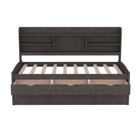 Captain Bed With Built In Bookshelves, 3 Storage Drawers, And Trundle