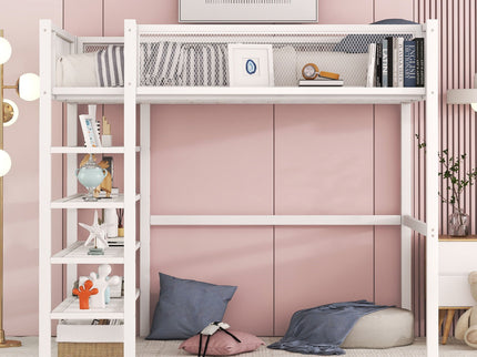 Loft Bed With 4 Tier Shelves And Storage