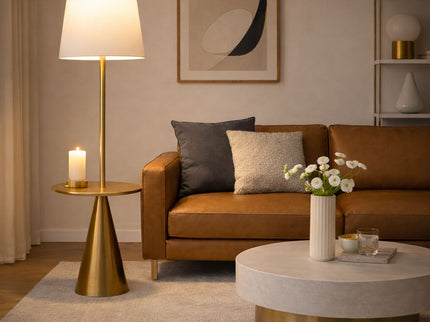 Celestial - Modern Floor Lamp With Accent Table With Large Shade - Gold / White
