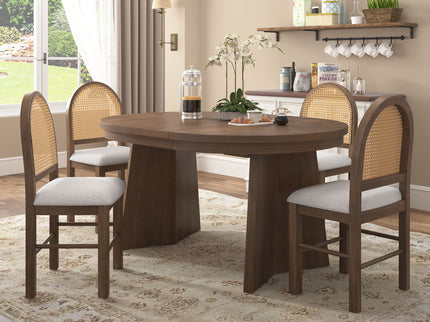 Extendable Round Dining Table Set For 4 With 4 Upholstered Chairs - Beige / Walnut