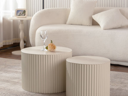 Drum Nesting Coffee Table With Wave Stripe Design For Living Room (Set of 2) - Beige / White