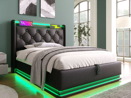 Upholstered Bed, 360 Surround LED Function, Remote Control, Hydraulic Storage Bed With USB, Type-C Charging (Without Mattress)