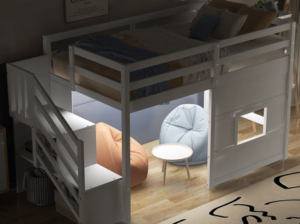 Loft Bed With Storage Staircase, Window & LED Light