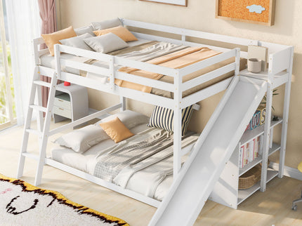 Bunk Bed With Ladder, Slide, And Shelves Pine Wood