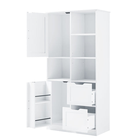 Freestanding Bathroom Storage Cabinet With Doors And Drawers, Adjustable Shelf, Open Shelves - White