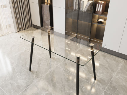 Modern Minimalist Rectangular Glass Dining Table With Tempered Glass Top Metal Legs, For 4 - 6 - Transparent