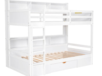 Twin Size Bunk Bed With Built-In Shelves Beside Both Upper And Down Bed And Storage Drawer