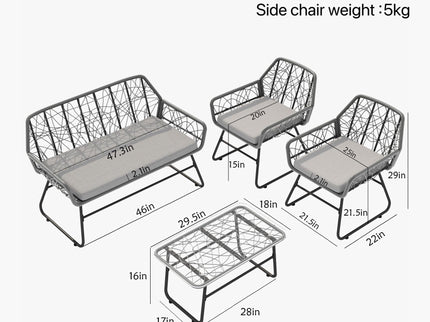 4 Piece Wicker Patio Furniture Set With Tempered Glass Table And Detachable Cushions
