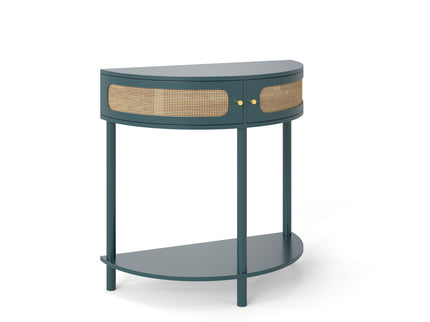 Boho Rattan Semi Circle End Table With Sliding Rattan Door, Storage And Bottom Shelf