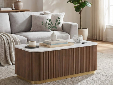 Rectangle Cocktail Table Genuine Accent Plinth Base Living Room - Brown / Gold / White