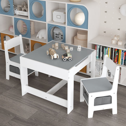 Kids Table And Chair Set, 3 In 1 Activity Table With Storage Drawer For Toddlers Drawing, Reading, Crafts, 2 In 1 Detachable Top - White