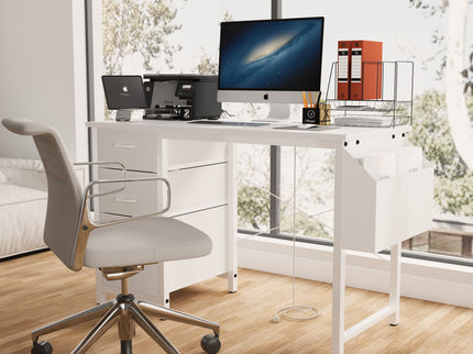 Office Desk With Power Outlet, 3 Drawers And Side Pocket For Office - White