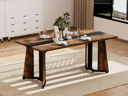 Rustic Rectangular Large Dining Table, Waterproof Desk For 8 People, & Steel With Adjustable Legs - Black / Rustic Brown