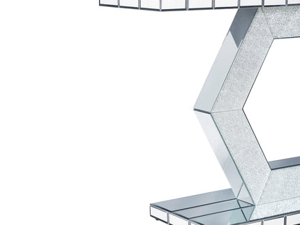 Sparkling Crystal Hexagon Mirror Entryway Premium Modern Foyer Console Table With Diamond Glass Effects, Dual Tier Luxury Sofa Table - Silver