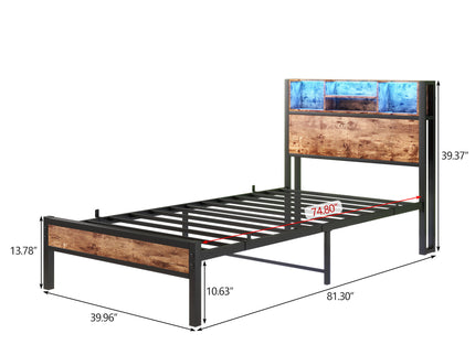 Modern Twin Size Metal Platform Bed Frame With Storage Headboard And Charging Station - Brown