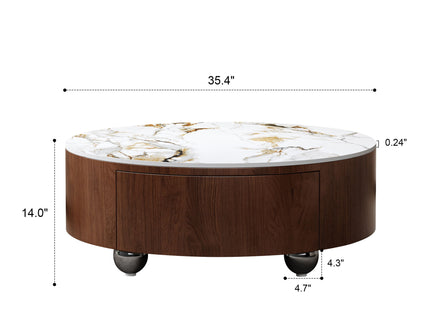 Round Coffee Table With 2 Drawers For Living Room - Walnut Brown / White / Multi