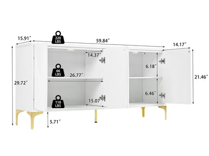 Modern Wood Sideboard Cabinet With Carved Door Panels, Adjustable Shelves, And Sturdy Metal Legs