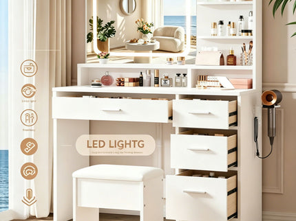 Vanity With LED Mirror And Storage Drawers For Bedrooms - Cream White