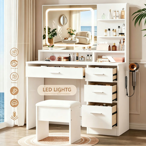 Vanity With LED Mirror And Storage Drawers For Bedrooms - Cream White