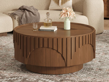 Round Fluted Drum Coffee Table With Sturdy Base For Living Room