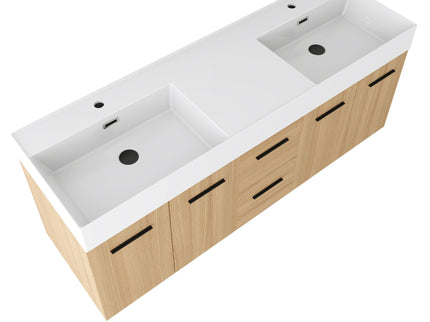 Floating Double Sink Bathroom Vanity With Drawers And Doors, Extra Large Storage, Integrated Sink, Soft Close Hardware - Glossy White / Light Oak