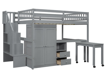 Loft Bed With Stairs, Bookshelf, Drawers, Desk & Wardrobe, Space Saving Multifunctional Furniture