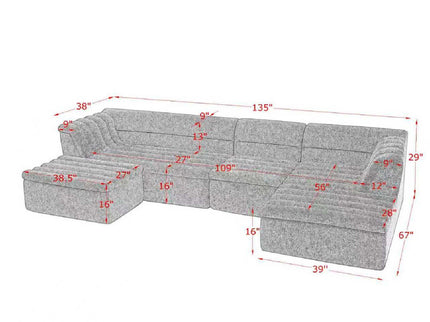 U-Shaped Modular Sectional Sofa With Chaise And Movable Ottoman With Wave-Shaped Armrest