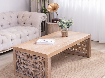 Rustic Carved Wood Coffee Table, Handcrafted Look With Ornate Side Panels
