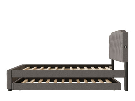 Upholstered Platform Bed With Trundle And 2 Sets Of USB Ports On Each Side, Fabric