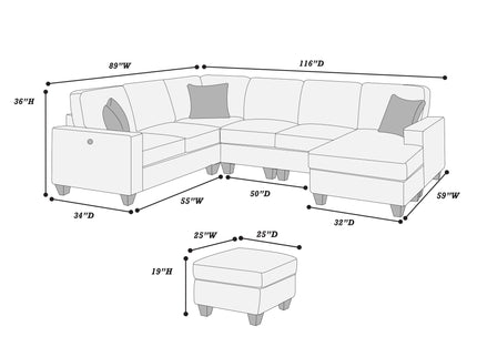 5 Piece Sectional Set Left Arm Loveseat With USB Port Corner Wedge Ottoman Armless Chair Right Arm Loveseat With Chaise - Gray / Slate