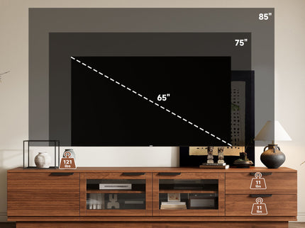 TV Stand With 2 Drawers, Doors & Cable Management, Soft Closing Hinges - Walnut