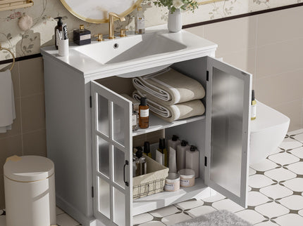 Modern Bathroom Vanity With Ceramic Sink, Tempered Blurred Glass Doors