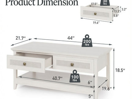 Coffee Table With Drawers & Storage Shelf - White