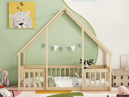 Wood House-Shaped Floor Bed With Fence, Guardrails