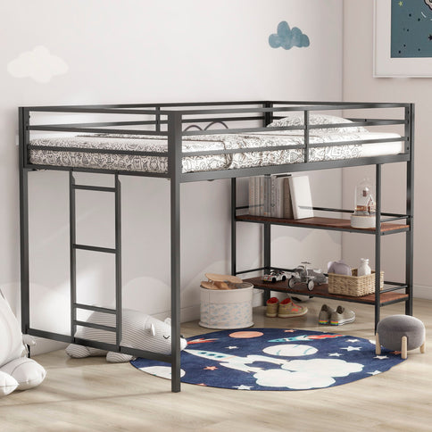 Adam - Twin Loft Bunk Bed With Cinnamon Wood Shelf - Black