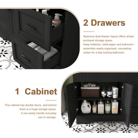 Bathroom Vanity, Fluted Cabinet, Soft Close Doors & Drawers, Single Faucet Hole, Sink Included - Black