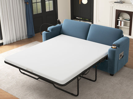 Sleeper Sofa Loveseat Sofa With Full Size Mattress, 2 USB Ports, 2 Cup Holders, 2 Side Pockets And Phone Holder
