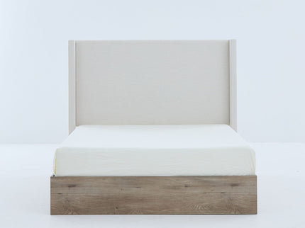 Shelton - Queen Upholstered Wingback Bed With 54" High Headboard - Ivory / Light Gray / Camel Oak