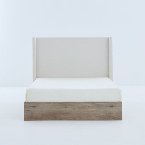 Shelton - Queen Upholstered Wingback Bed With 54" High Headboard - Ivory / Light Gray / Camel Oak
