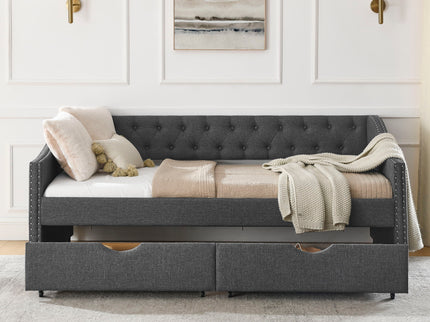 Upholstered Tufted Daybed With 2 Drawers, Waved Arms