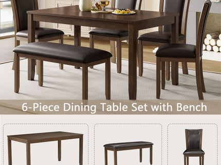 6 Piece Dining Table Set & Bench And Chairs For Dining Room - Dark Walnut